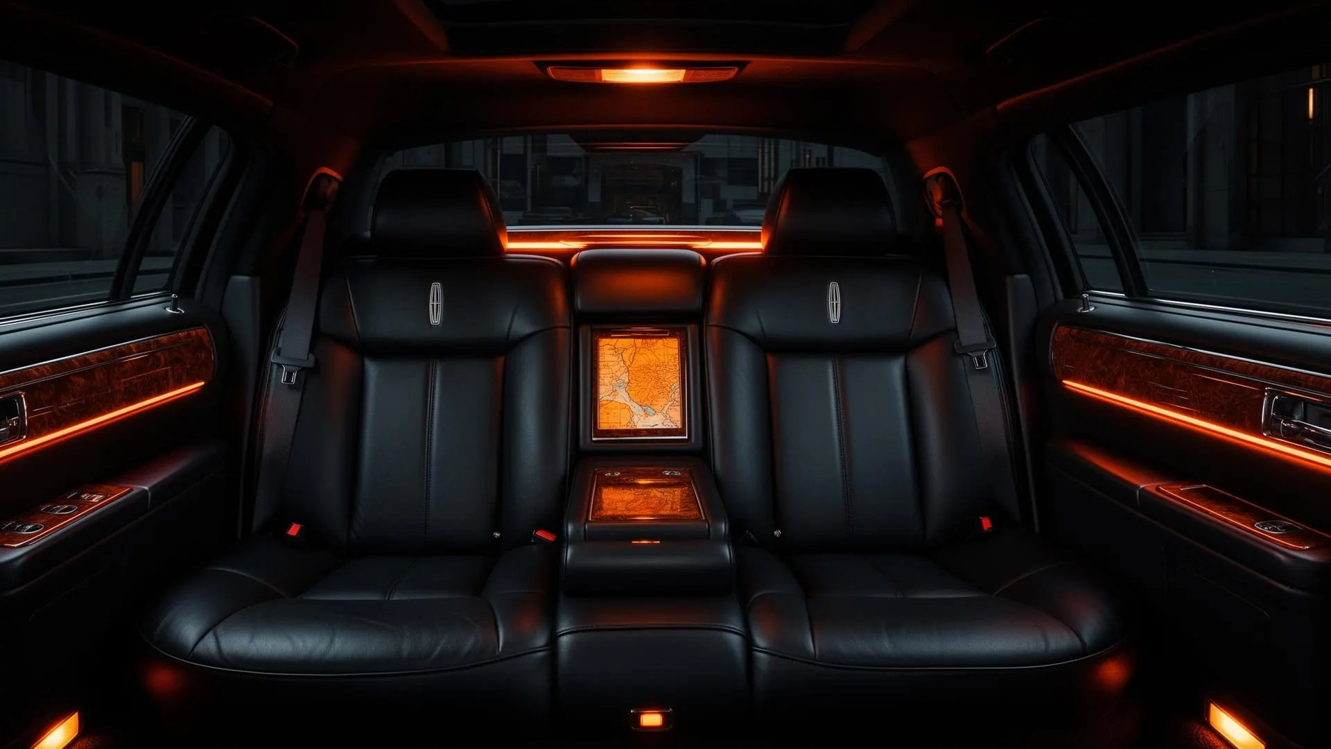 Quilted black leather interior of a luxury executive SUV with ambient orange lighting